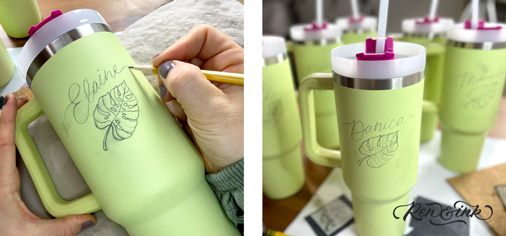 Artist working with pencil to draw calligraphy on tumblers